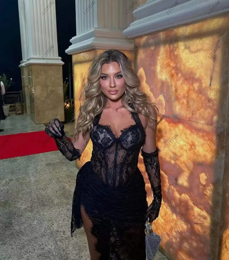 LIYYLHQ Abiti da ballo in pizzo nero illusione con scollo all'americana a fessura alta Guanti da cerimonia per feste formali in pizzo trasparente Abiti da sera per ragazze nere