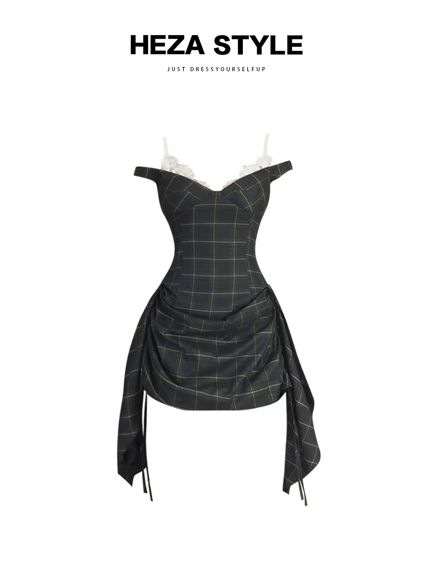 

HEZA Retro Plaid Dr Women's Summer Design Slimming Strap Dr Fat Trendy Girls High Waist A-Line Skirt Dr