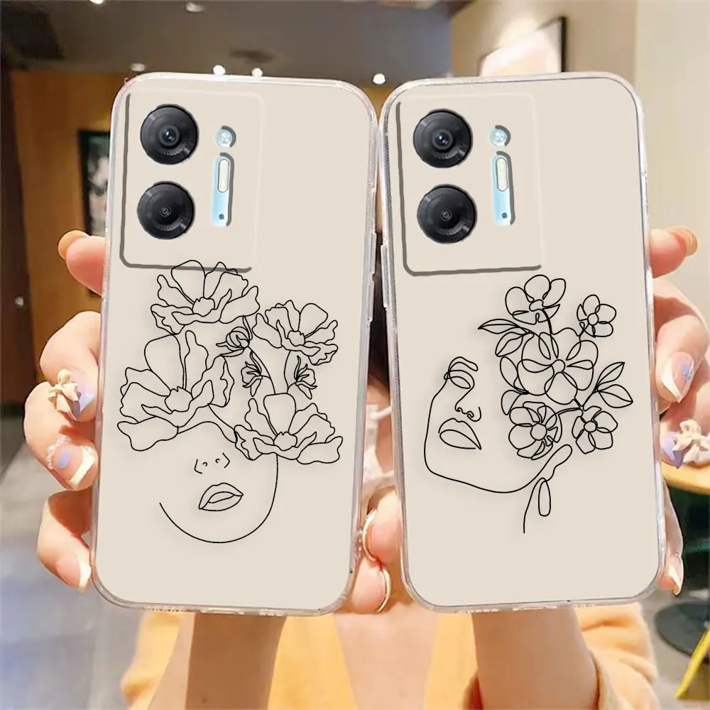 Clear Phone Case For Infinix HOT 9 11 12 12i 20 20s 30 30i POVA 2 3 4 PRO PLAY Case Shell Line Art Sketch Flower Girl Protection