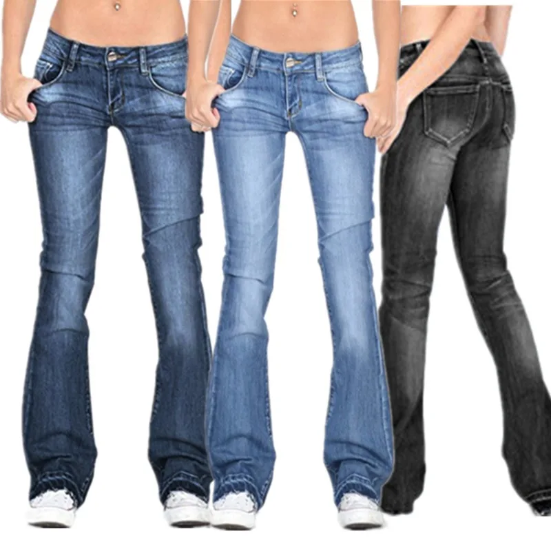 Womens Fashion Bell Bottom Pants Casual Stretch Pencil Denim Pants Trousers Ladies Sexy Mid Waisted Denim Flare Jeans