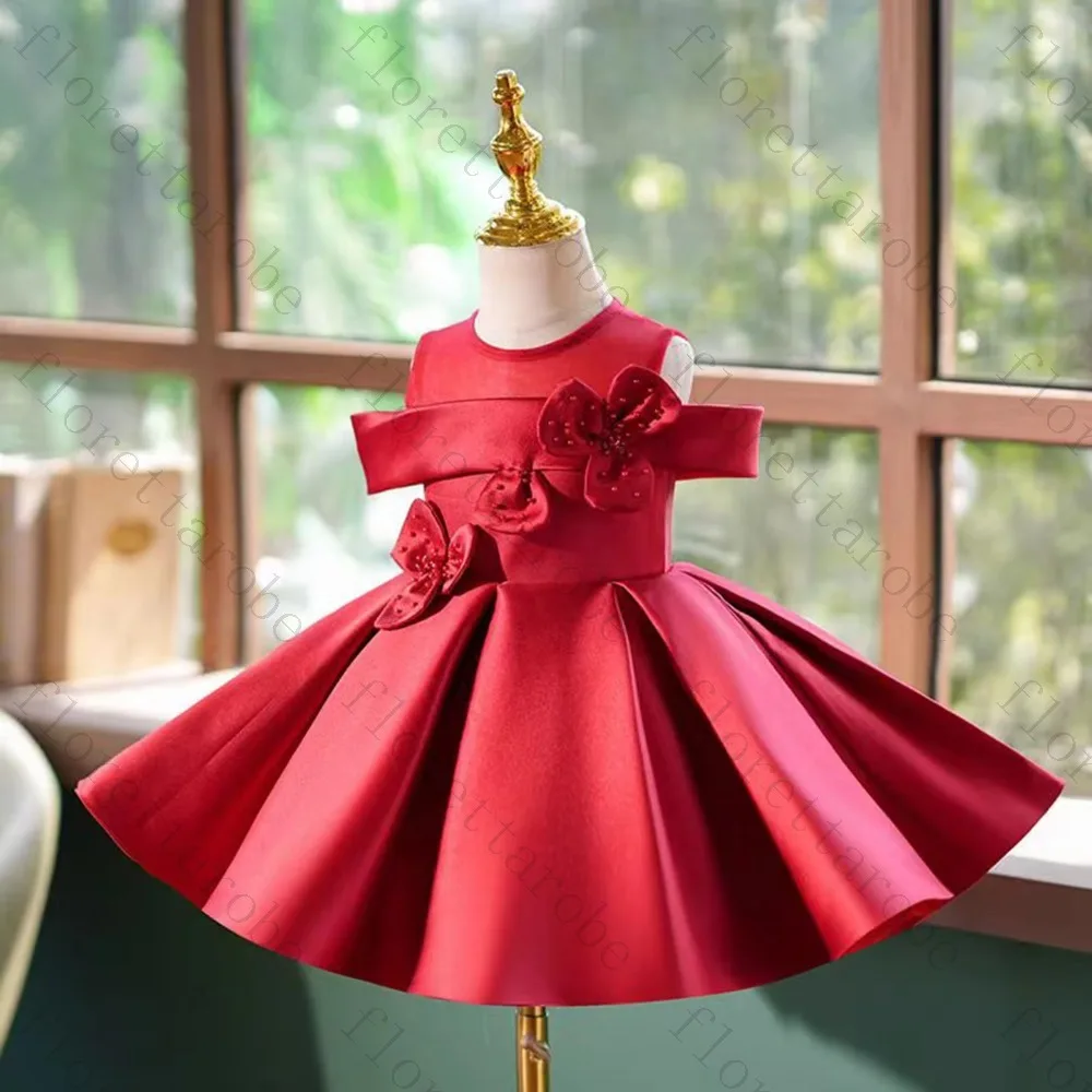 Customized Red Flower Girl Dress A Line Short Round Neck Sleeveless Satin Off Shoulder Bow Applique Wedding Kids Princess Gown