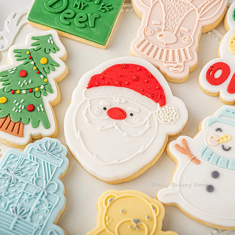 Christmas Elk Bells Texture Acrylic Cookie Embosser Mold Gift Santa Tree Fondant Icing Biscuit Press Stamp Mold Baking Tools