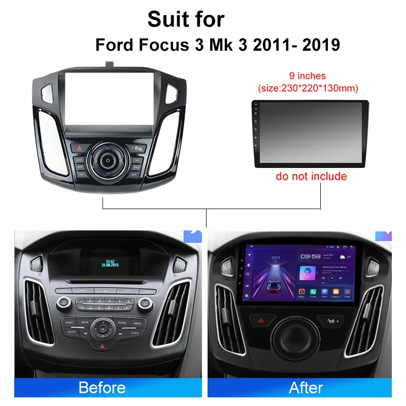Car Radio Fascia Installation Panel For Ford Focus 3 Mk 3 2011- 2019 Android  2 Din Stereo Mounting Bezel Faceplate Frame Kit