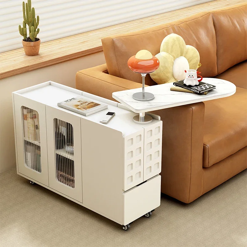 

Cream wind living room sofa side can be rotated with rock slab large capacity side cabinet can be moved