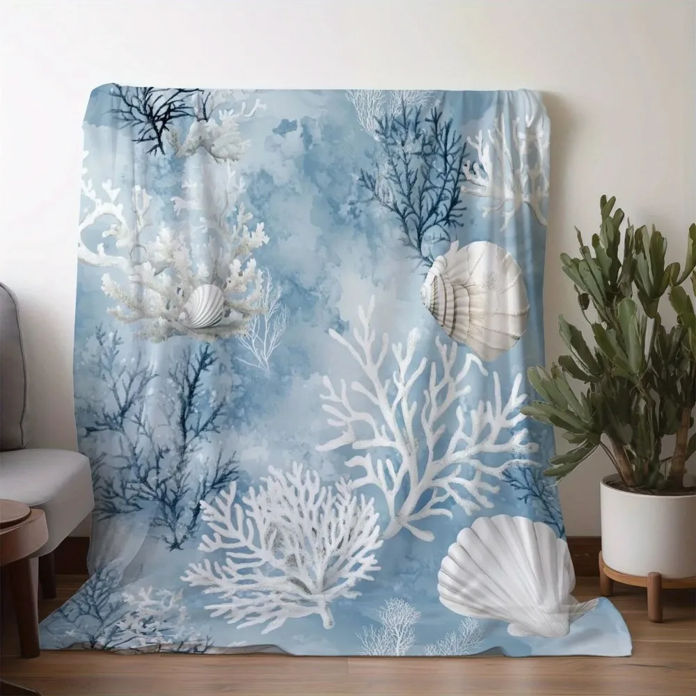 Watercolor Seashell & Coral Print Flannel Blanket - Soft, Cozy, All-Season Throw for Sofa, Bed, Car, Office, Camping & Travel