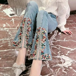2024 Spring Summer Women Luxury Rhinestone Stretchy Flare Jeans Pants , Woman Slim Light Blue Slim Denim Trousers