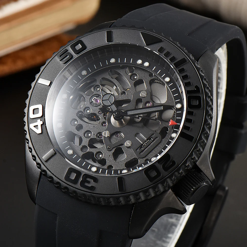 42mm New Hollow-out Skeleton sapphire Men's wristwatches Luxury Automatic Mechanical Watch NH70/72 Movement Rubber strap