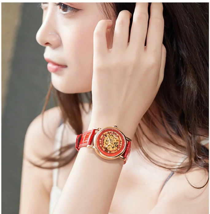 Ladies Hollow Diamond Automatic Mechanical Watch Luminous 30m Water Resistant Genuine Leather Strap Screw Crown Simple Watch - view 6