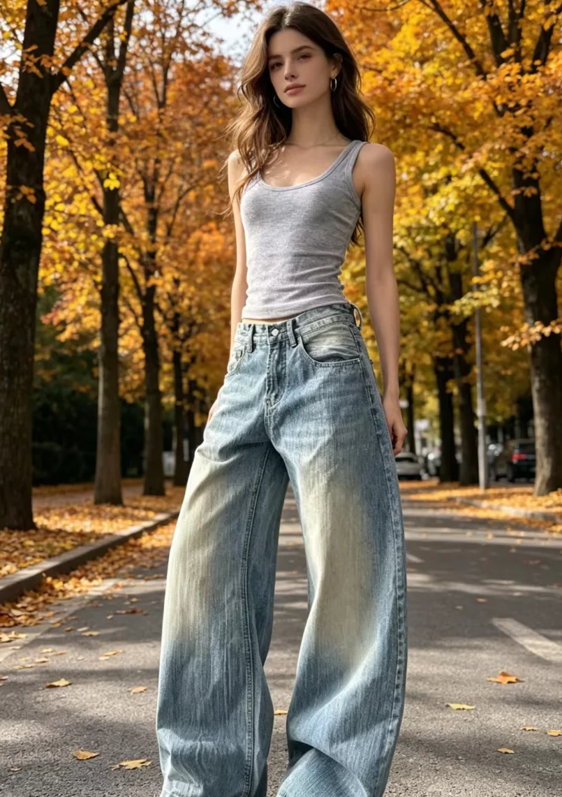 

Women's Vintage Washed Denim Pants American Retro Baggy Y2K Wide Leg Jeans Woman High Waisted Light Blue Cowboy Sickle Trousers