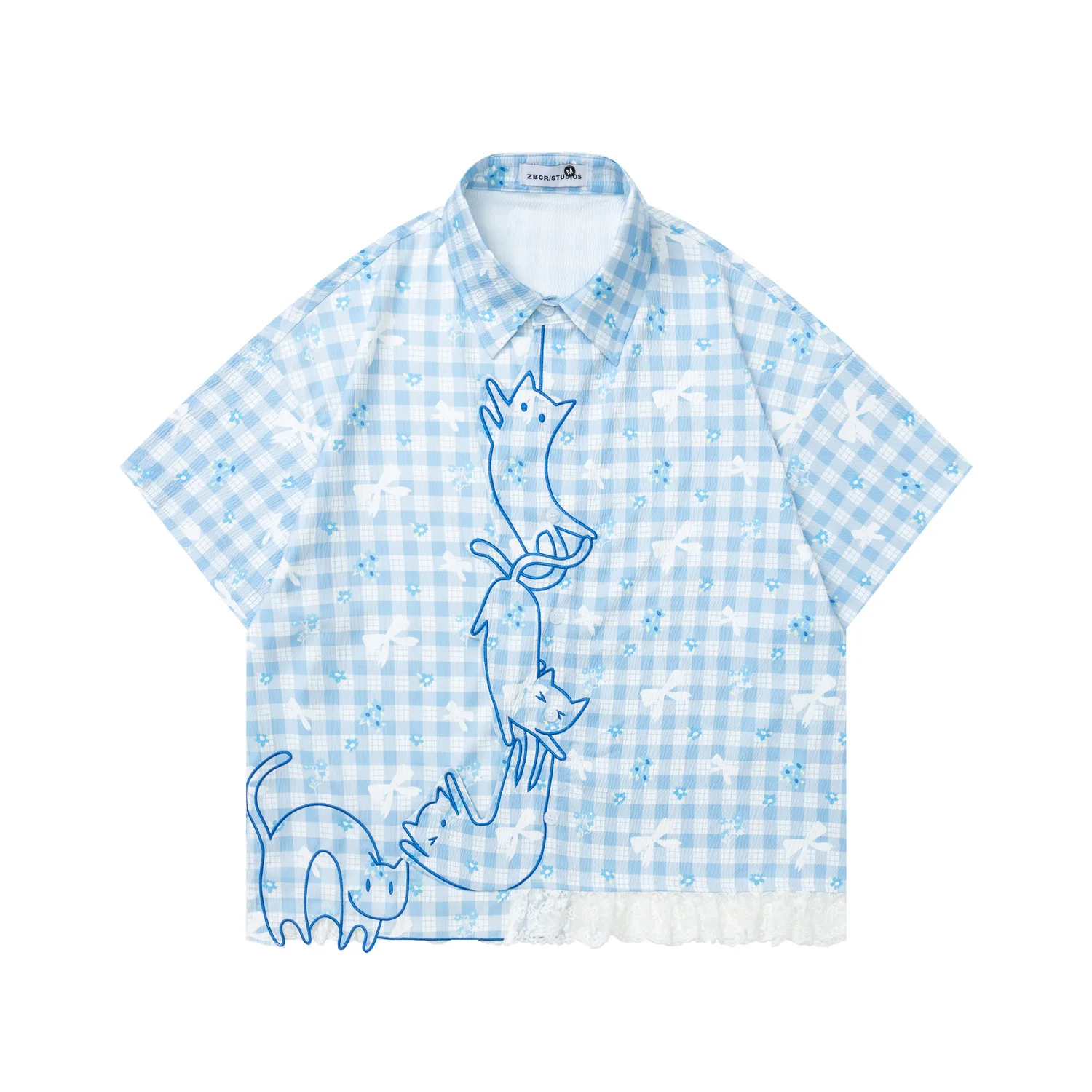 2026 Summer Casual Plaid Shirt Japanese Style Cute Cat Embroidery Lace Patchwork Shirts Short Sleeve Top Casual Blouse view 2
