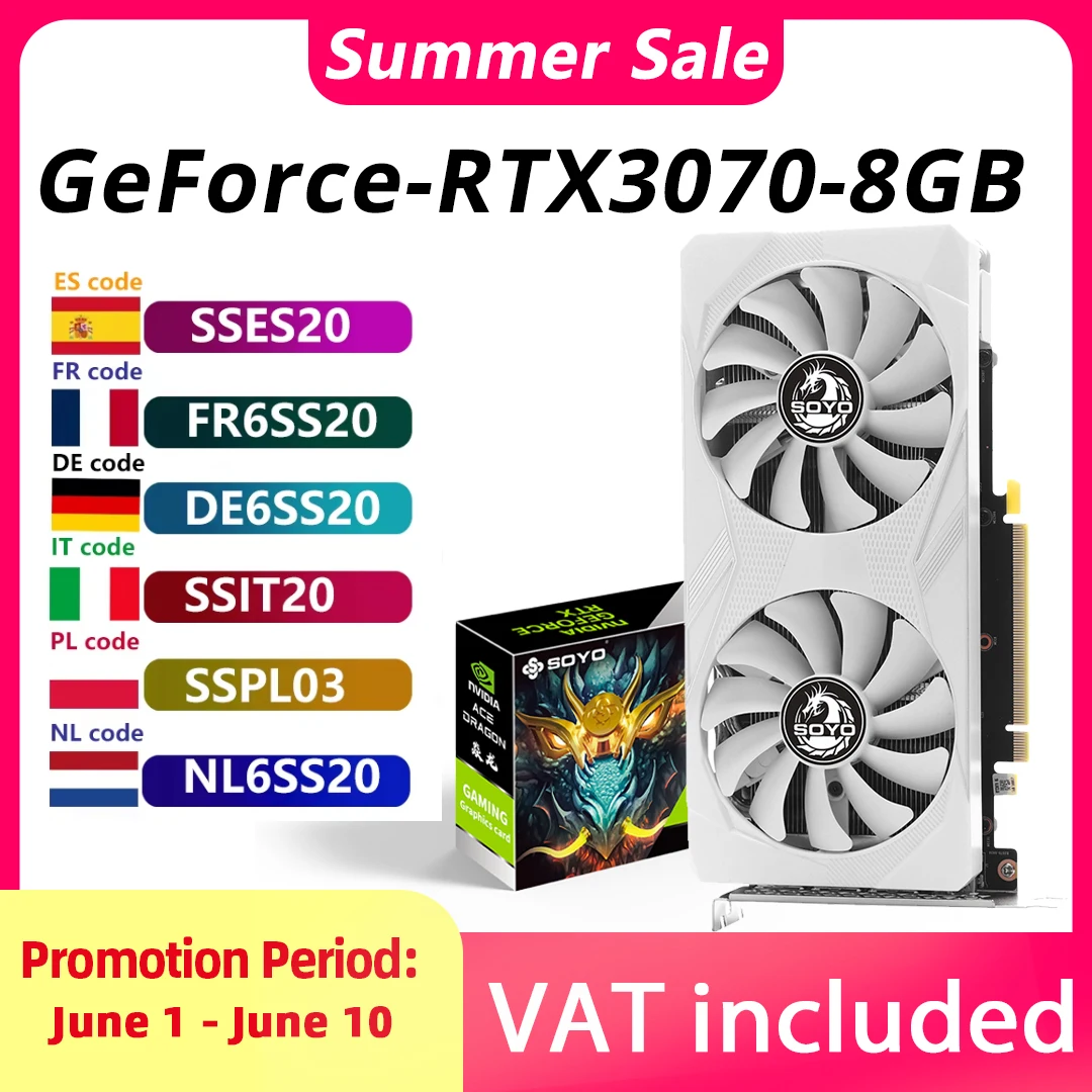 SOYO – nouvelles cartes graphiques de jeu NVIDIA GeForce RTX 3070, 8 go GDDR6, 256 bits, GPU pour ordinateur de bureau, composants informatiques RTX3070