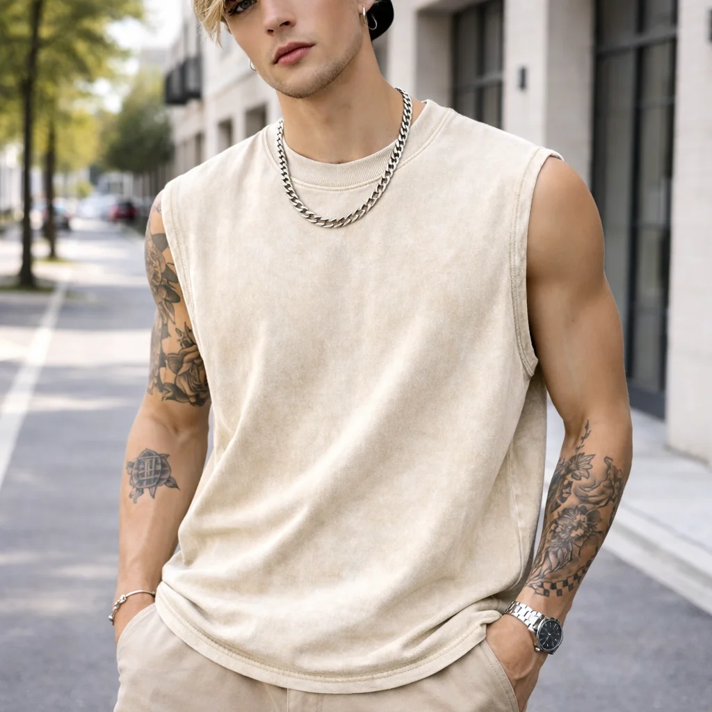 Summer Men Vintage Washed Tank Top 230G Cotton Sleeveless Distressed Loose High Street Casual Streetwear Gym Beach Workout Tee