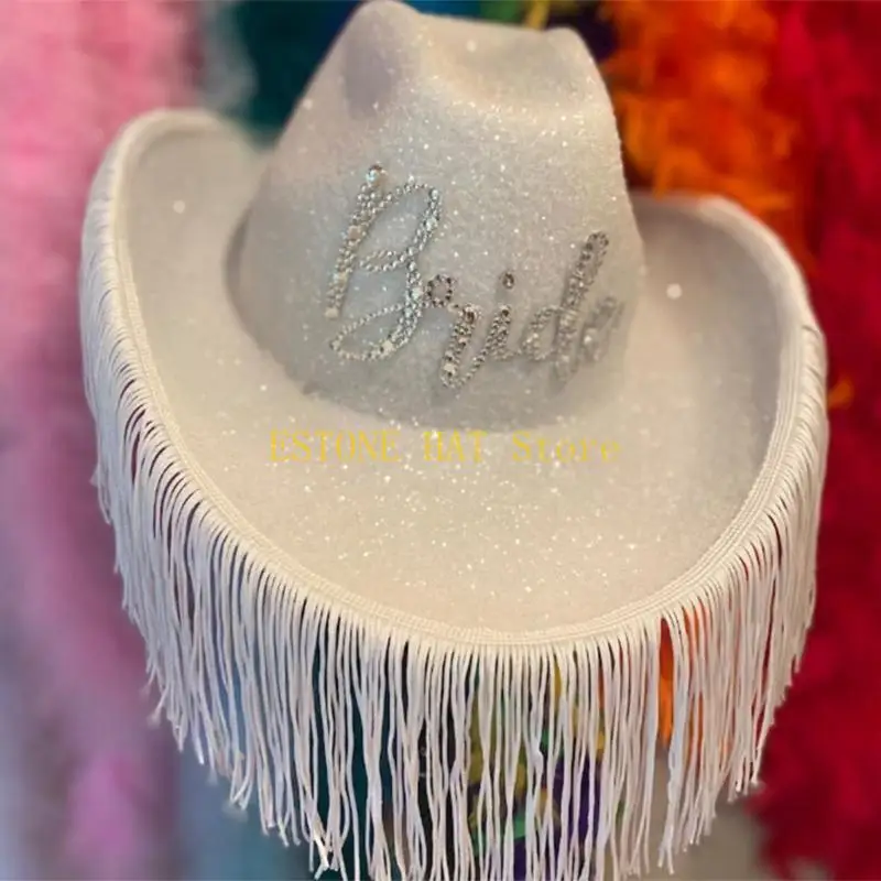 49MF Sombrero vaquera con borlas y diamantes imitación brillantes, sombrero ancha para despedida