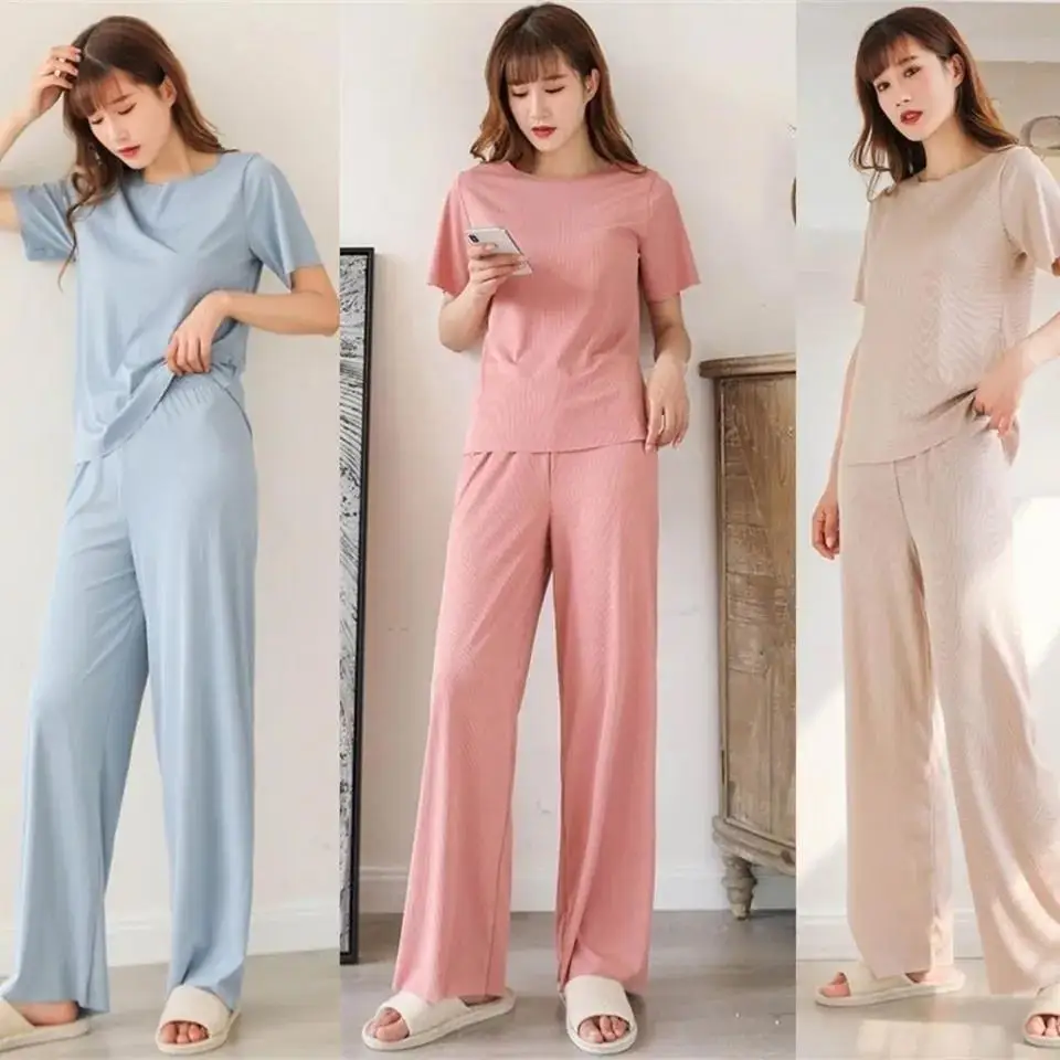 Women Casual Solid Color Sleepwear Set Non-Marking Loose Short Sleeved Top Cropped Pants Homewear Ice Silk Pajamas Suit