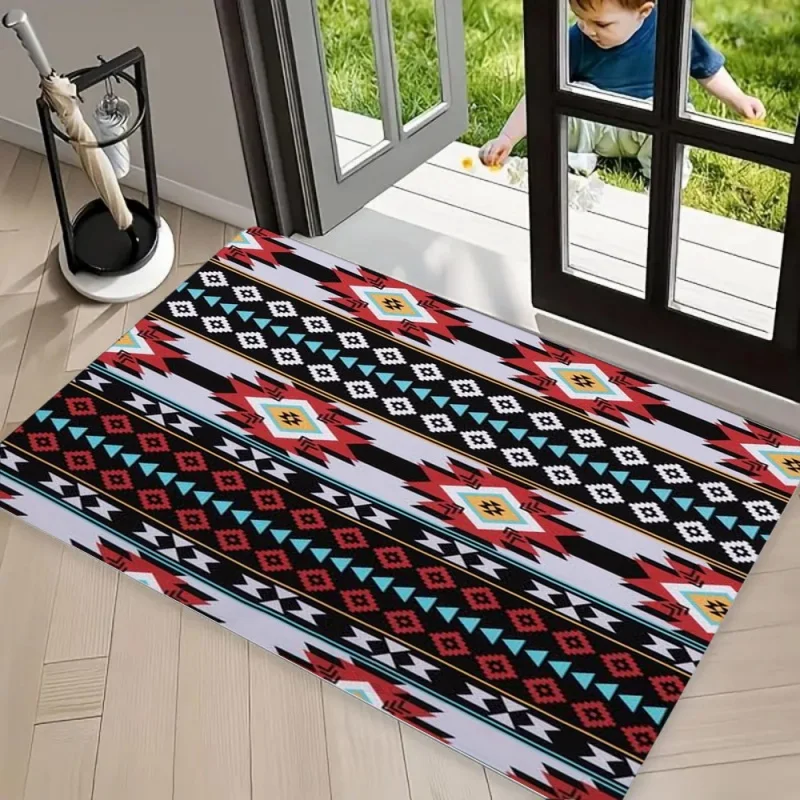Vintage Navajo Geometric Area Rug Carpet, Non Slip Floor Mat, Teal Black Southwest Pattern Washable Doormat, Durable Mat
