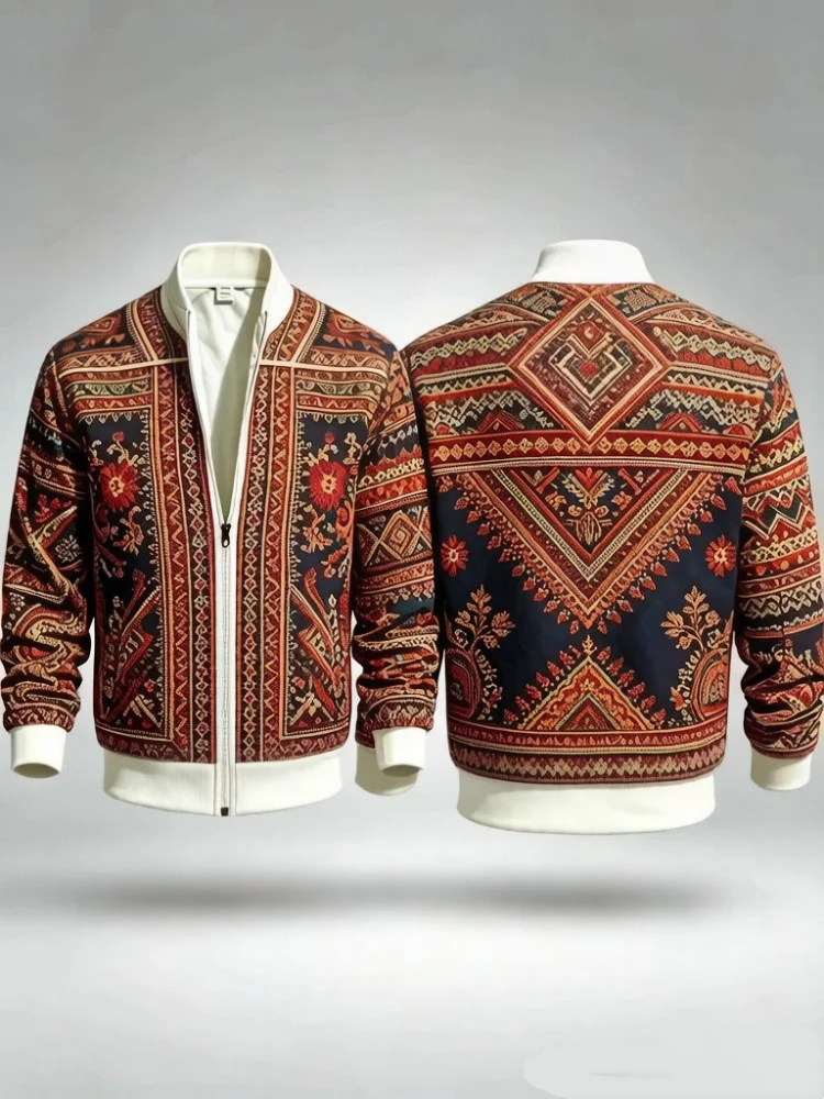 Men Slim Stand Collar Zip Bomber Jacket With Pockets Ethnic Bohemian Full Print Casual Outer Coat