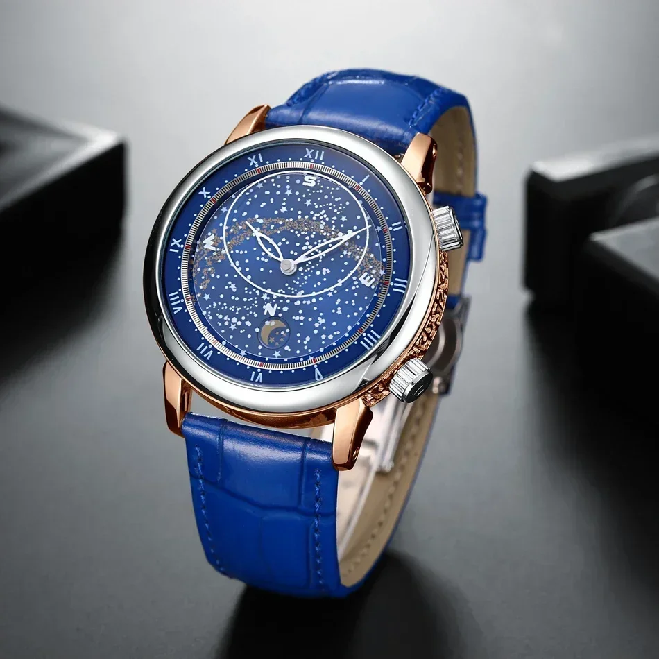 Automatic Mens Watch Mechanical Movement Rose Gold Black Blue Green Leather Luxury Carved Rotating Starry Sky Luminous Fashion