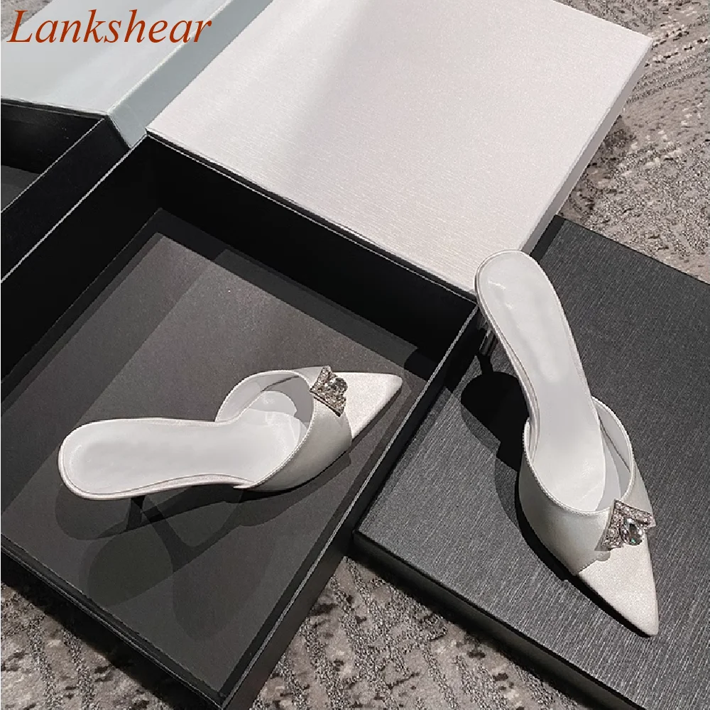 Rhinestone Pointed Toe Women Slippers Blingbling Solid Stiletto Heels Shallow Silk Niche design Sexy Summer Fashion Women Shoes