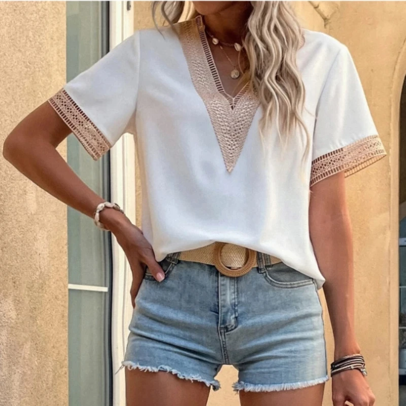 

Новая женская кружевная рубашка с v-образным вырезом, летняя повседневная тонкая женская рубашка с короткими рукавами, белый топ Blusas 21064