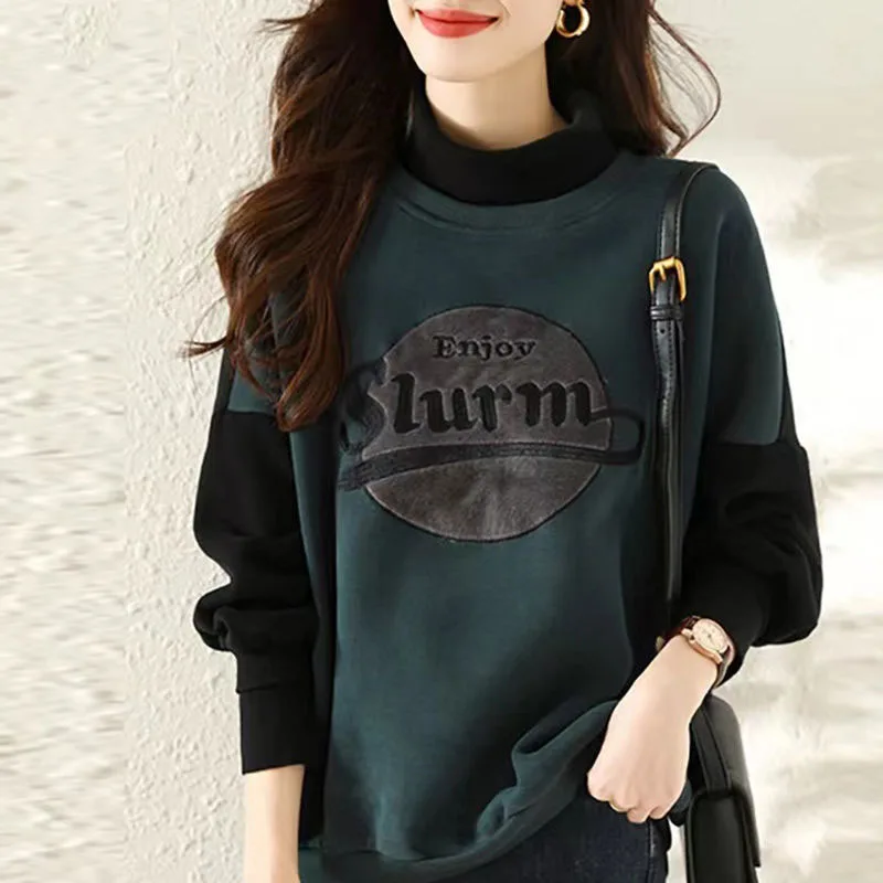 New Spring and Autumn Fashion European Goods Fashionable Small Half Tall Collar Panel Contrast Loose Versatile Women's Sweater