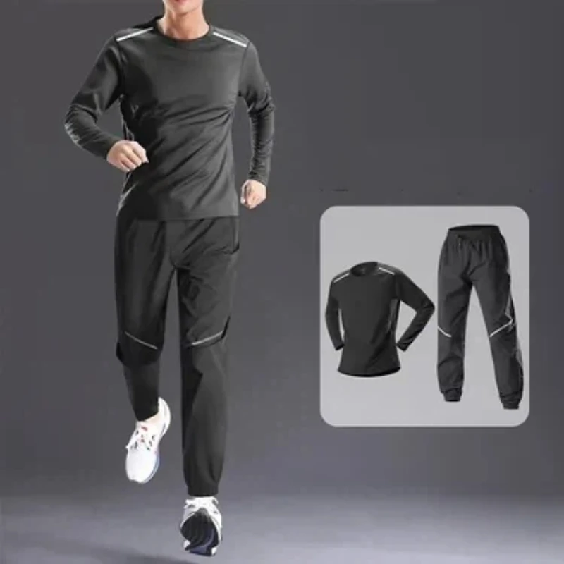 Mens Summer Ice Silk Quick Dry Two Piece Set Long Sleeve T Shirt Jogger Pants Running Cycling Gym Training Sports Outfit S 3XL view 4