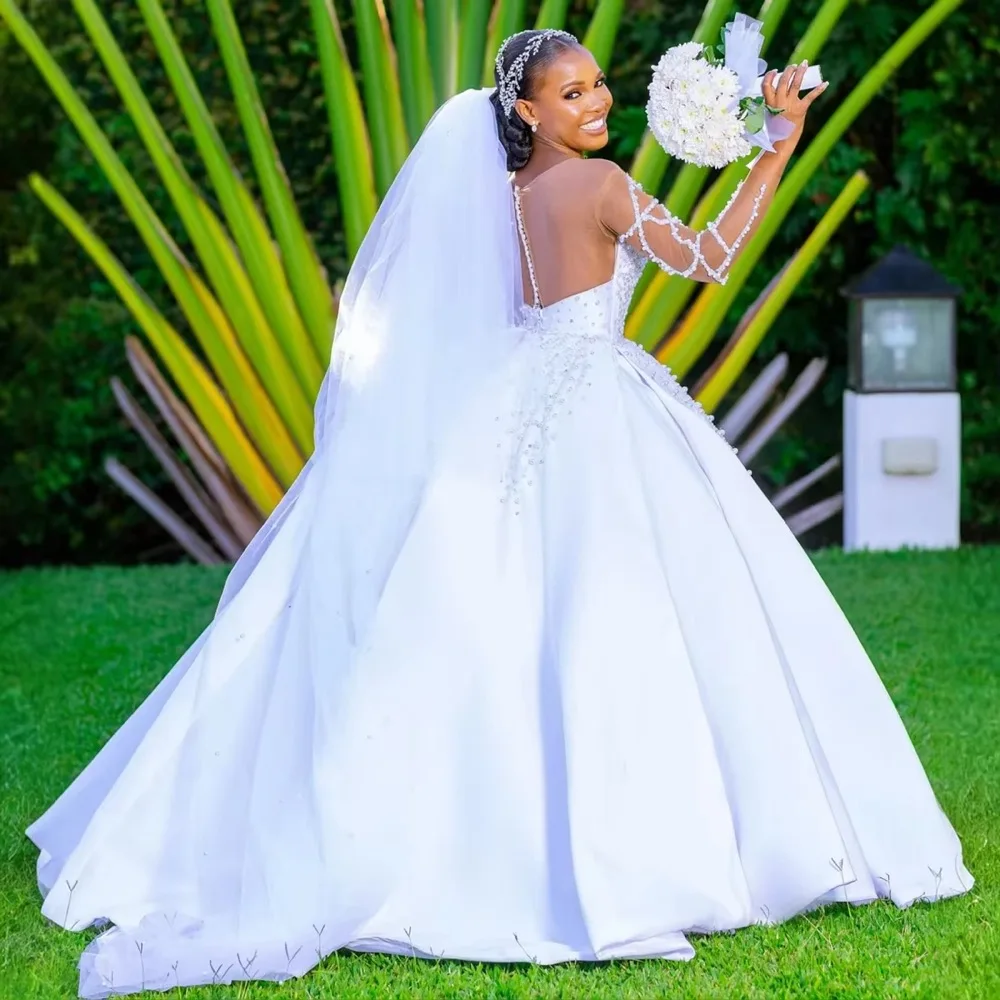 Personalizzato sudafricano Nigeria perle abito da sposa per la sposa Robe De Mariée maniche lunghe giardino abito da sposa abiti da sposa