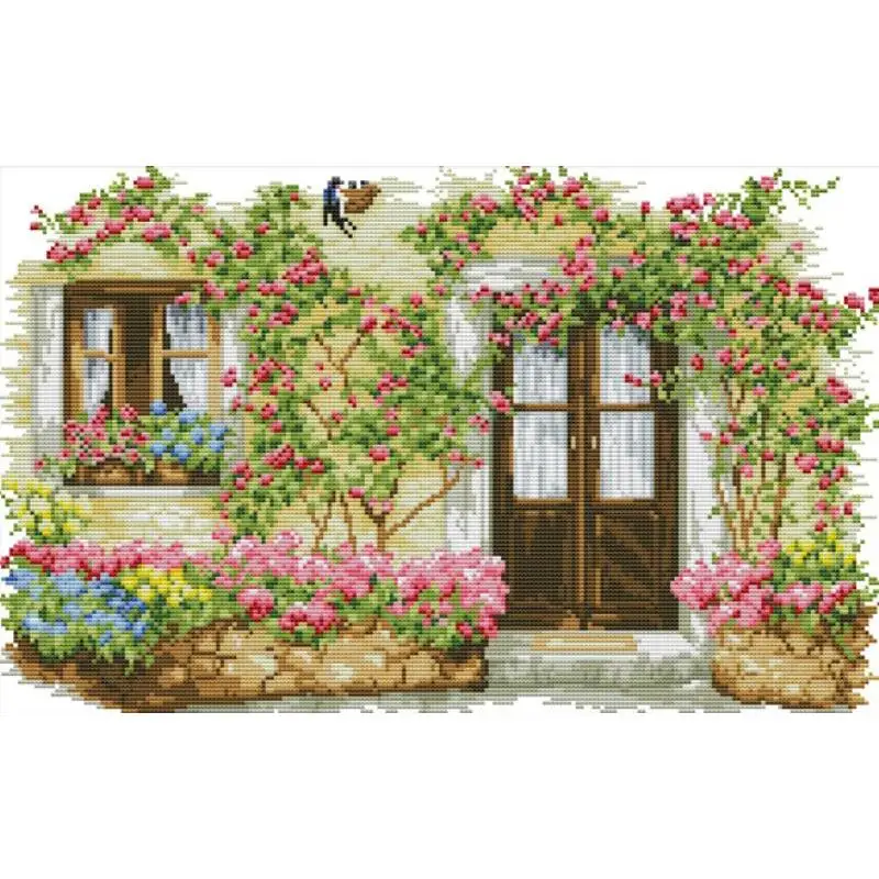 Roses Cabin DIY Floral and Scenery Patterns Handmade Cross Stitch Kit Aida 14CT 16CT 11CT Counted Stamped Fabric Embroidery Set