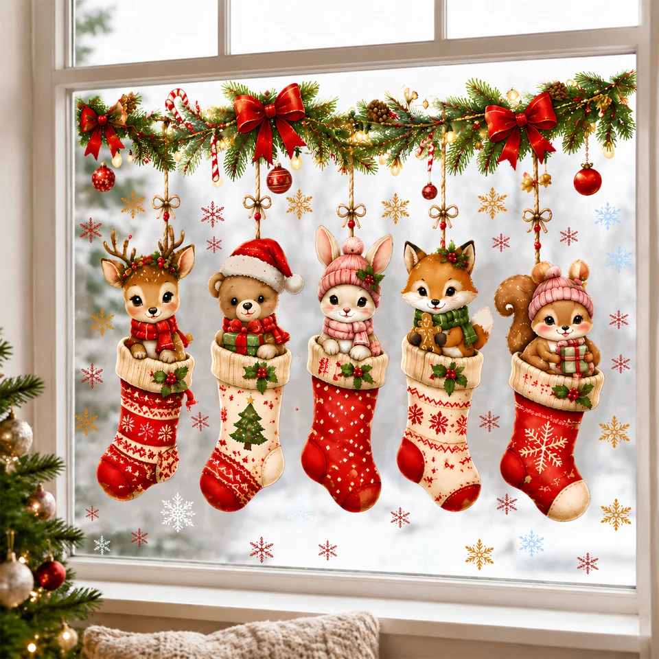 Christmas Window Clings Cute Animals in Stockings Static Cling Decals for Glass Windows Winter Holiday Home Christmas Decoration