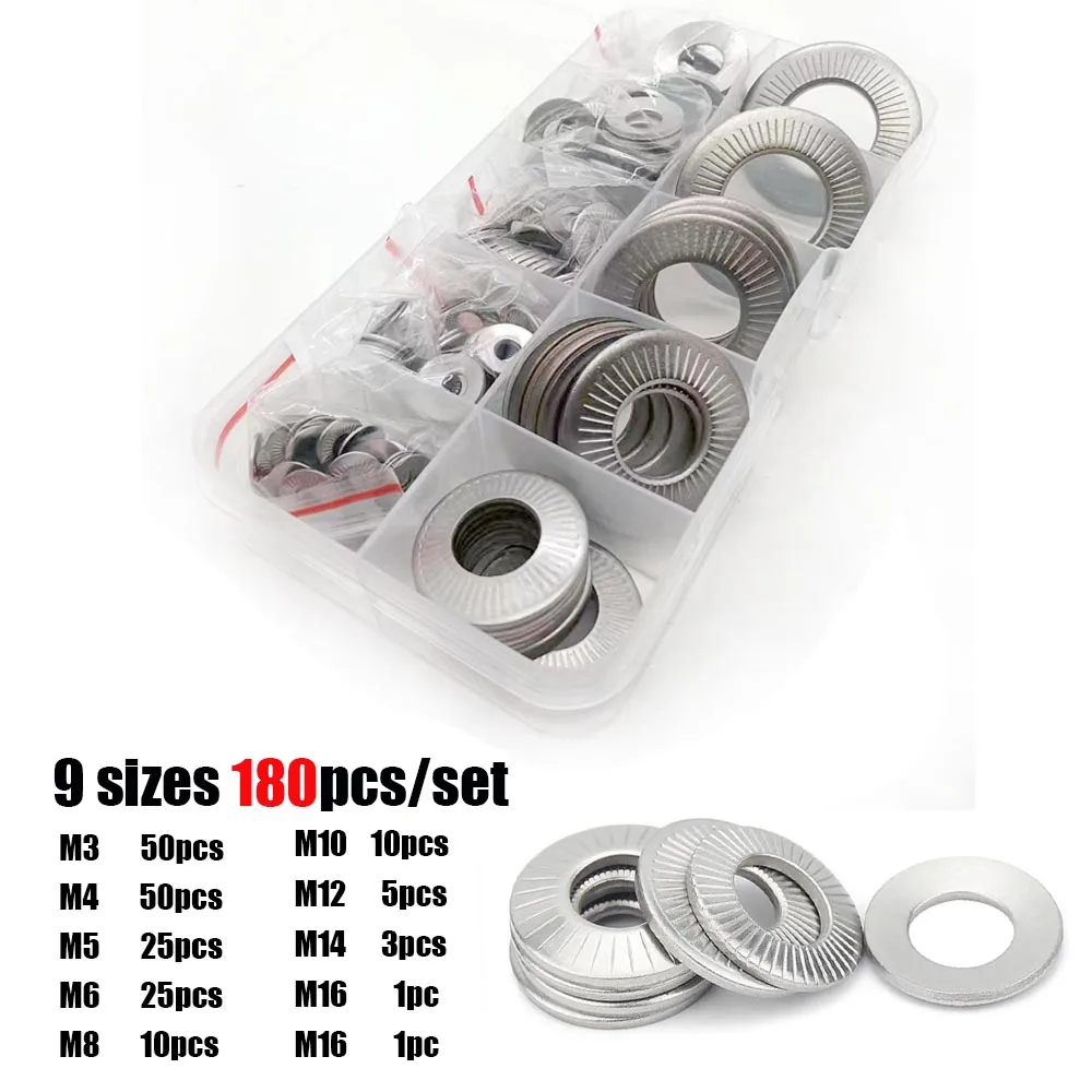 180pcs/Set M3 M4 to M16 NFE25-511 304 Stainless Steel Disc Spring Serrated Lock Washer Knurled Elastic Gasket Assortment Kit Set