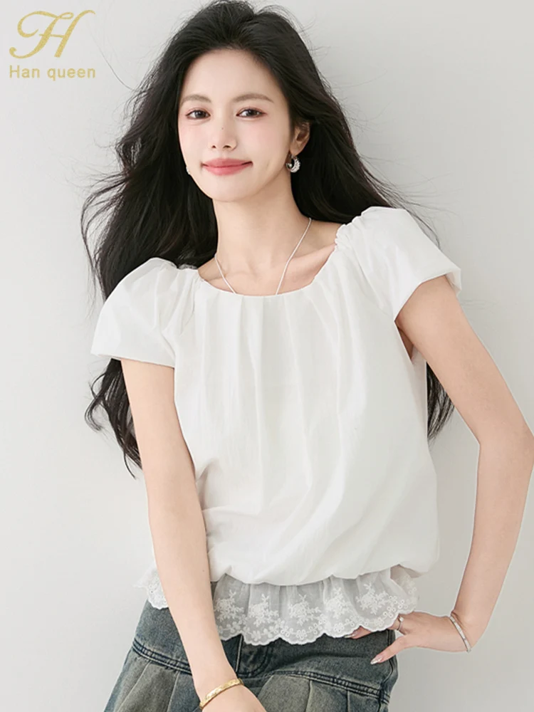 

H Han Queen New Summer Shirt Vintage Office Lady Blouse Woman Clothing White Tops Short Sleeve Casual Korean Loose Women Blouses