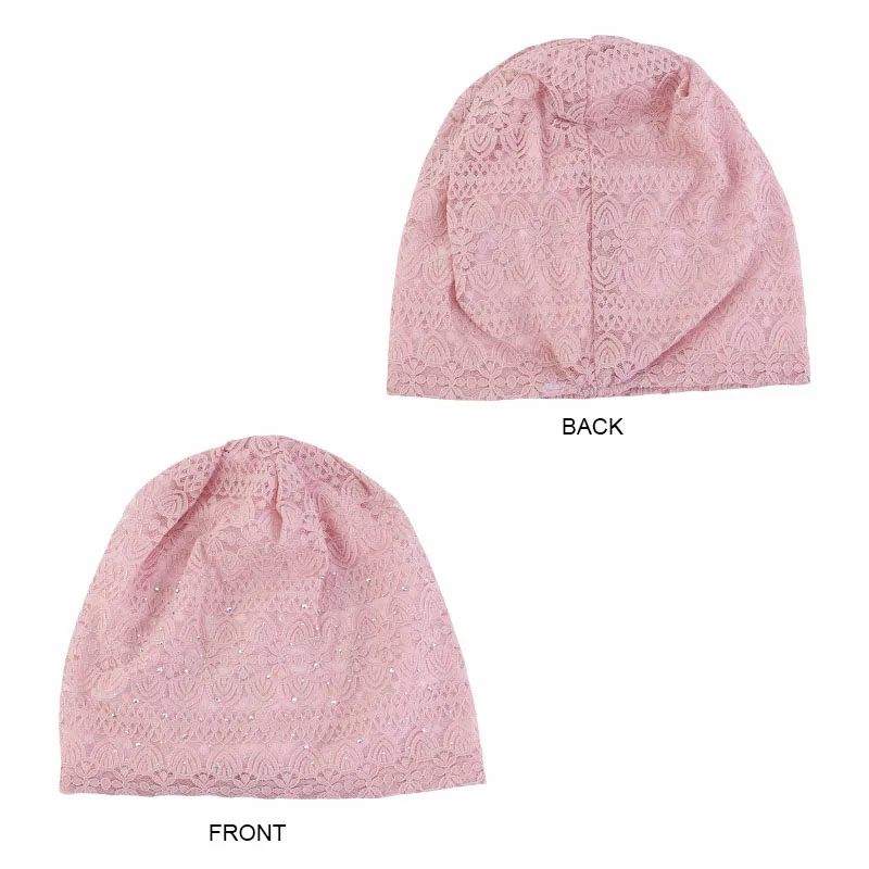 Women Elastic Turban Muslim Lace Rhinestone Hijab Islam Sleep Night Caps Chemo Pullover Hat Ladies Scarf Headwrap Baggy Beanies