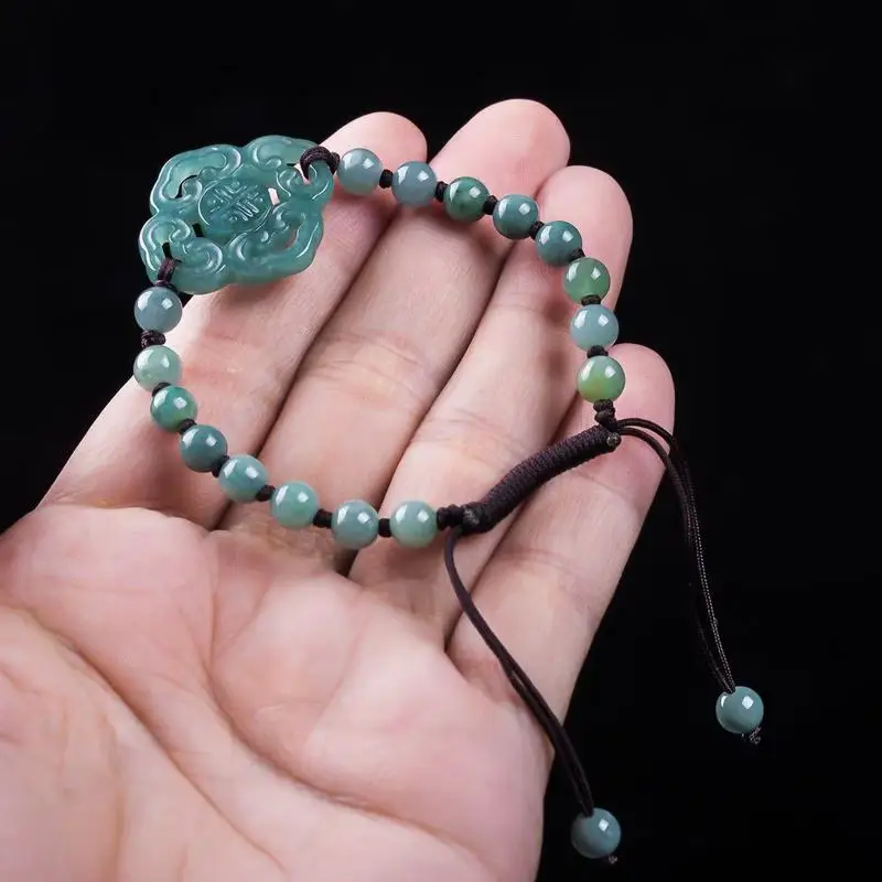Natural Jadeite A-grade Bracelet Original Design Fashionable Blue Water Ice Type Round Bead Jewelry for Men and Women view 5