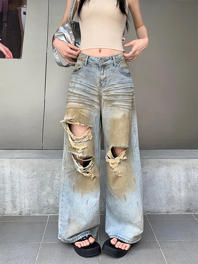 

Women's Blue Baggy Ripped Jeans Harajuku Oversize Denim Trousers Y2k Vintage Japanese 2000s Style Jean Pants Trashy Clothes 2024