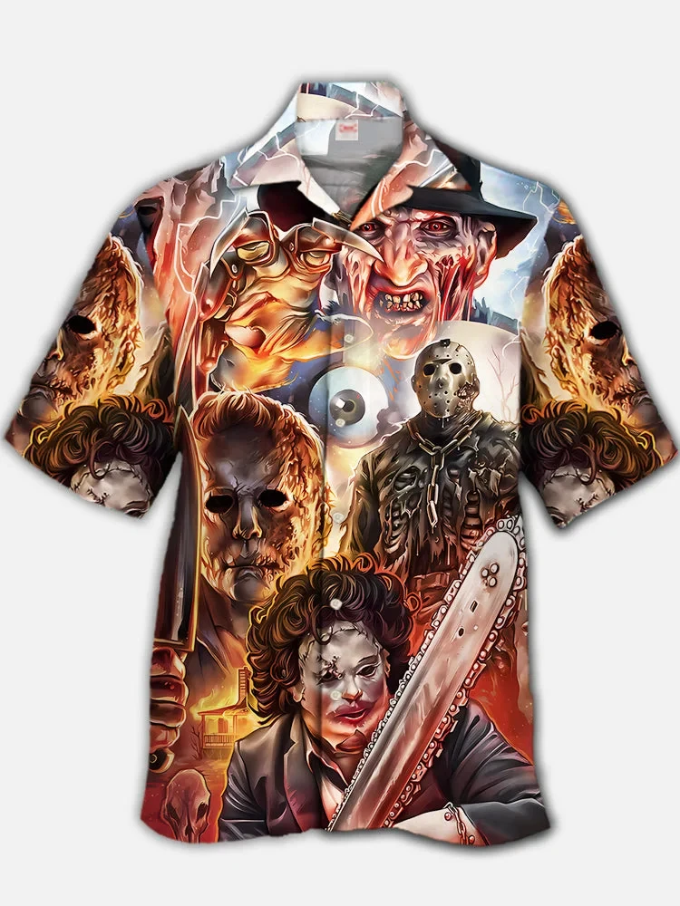 2024 New Summer Men\'s Shirts 3D Printed Horror Clown Short Sleeve Halloween Retro Shirt Hawaiian Beach Shirt Holiday Party Tops