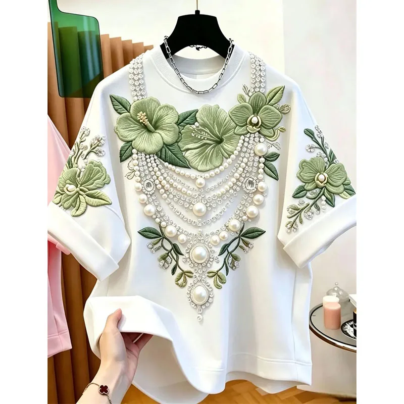 Fashion Bead Flower Embroidery Loose Short Sleeved T-shirt 2026 Summer New Lazy Style Casual Top Men's and Women's Clothing