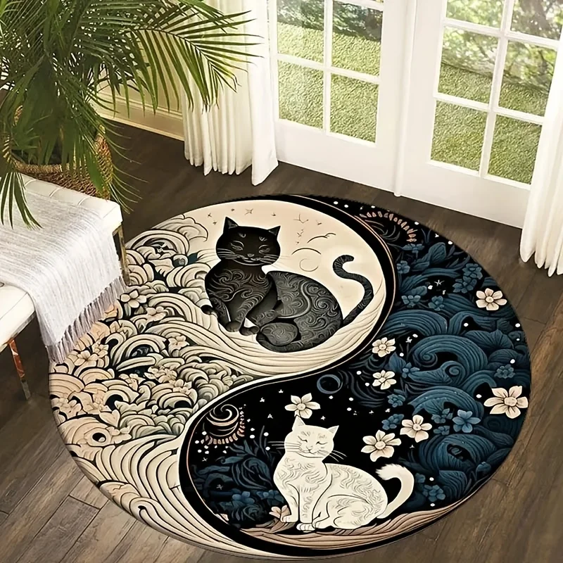 VIKAMA Nova Capa de Porta Redonda Estilo Chinês Tai Chi Yin-Yang com Gato, Tendência Nacional, Ondas Florais, para Sala de Estar e Quarto, Capa de Porta Decorativa