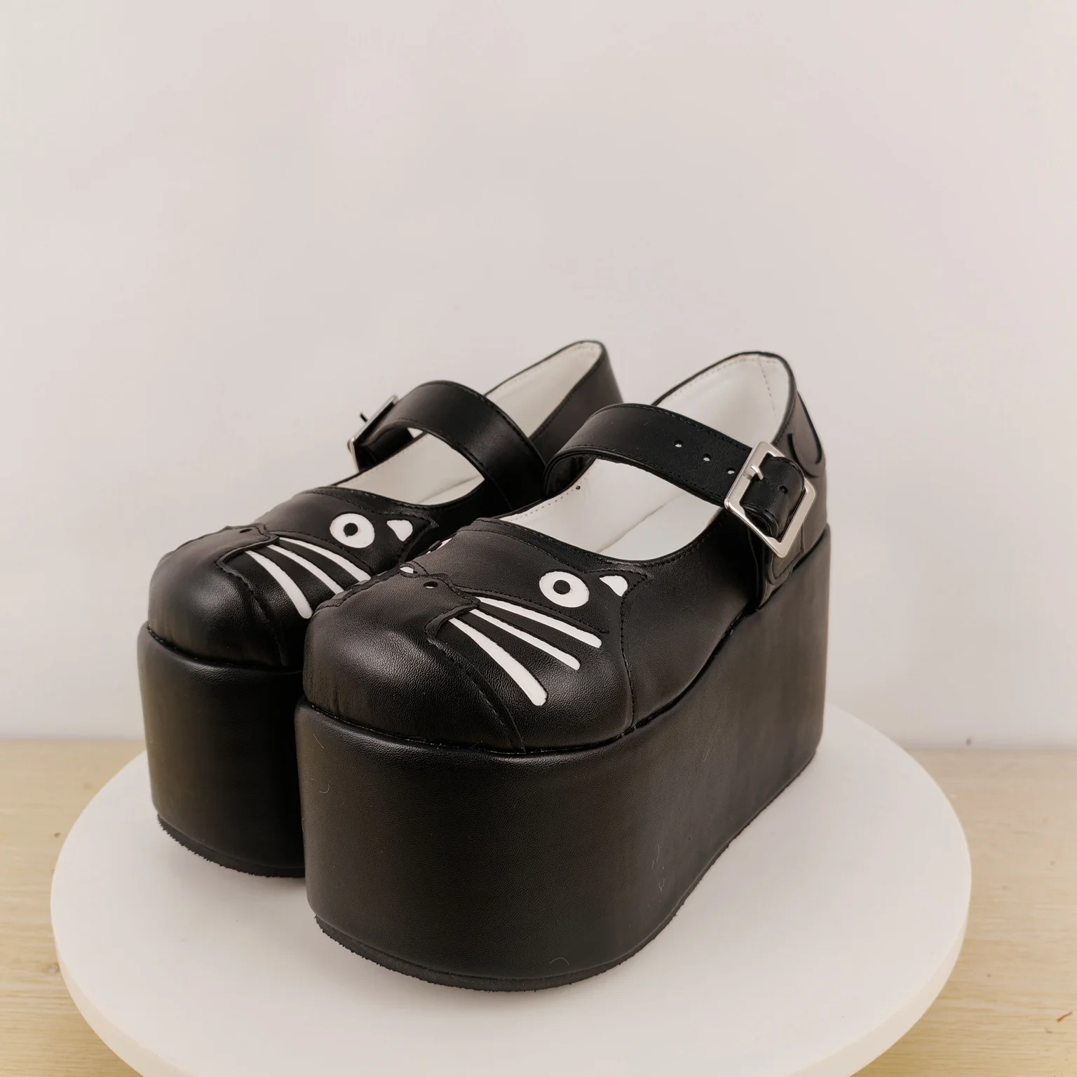 Women's Cute Cat Face Platform Mary Jane Shoes Black Ultra-Thick Sole Wedge Pumps with Adjustable Buckle Cartoon Lolita Shoes