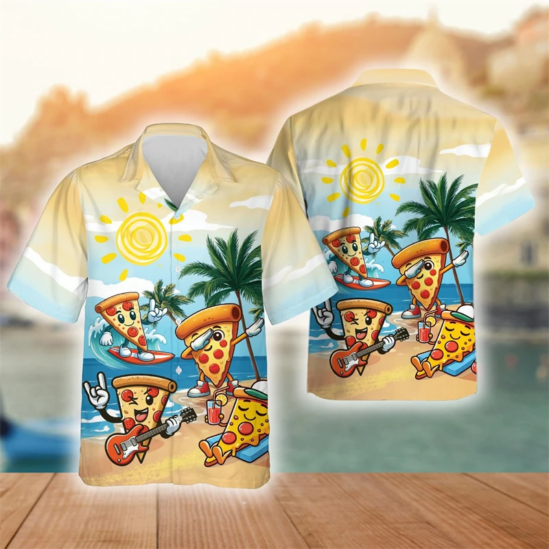 Harajuku Fashion Pizza 3D Print Shirts For Men Funny Delicious Food Marinara Women Short Sleeve Blouses Hip Hop Lapel Kids Tops