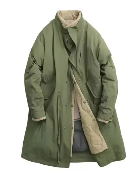 

Новинка 2025 года, парка с хлопковой подкладкой, зеленая винтажная длинная куртка из двух предметов с воротником-стойкой, женское пальто с большим карманом на шнурке
