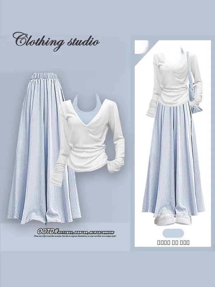 

Весенний корейский свободный женский комплект с длинным светом, футболки, повседневная утягивающая юбка с v-образным вырезом, брюки Dopane, холодный тон