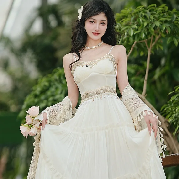 2026 Summer New Seaside Holiday Bohemian Style Machine Embroidery Stitching Suspender Skirt with Cardigan Suit