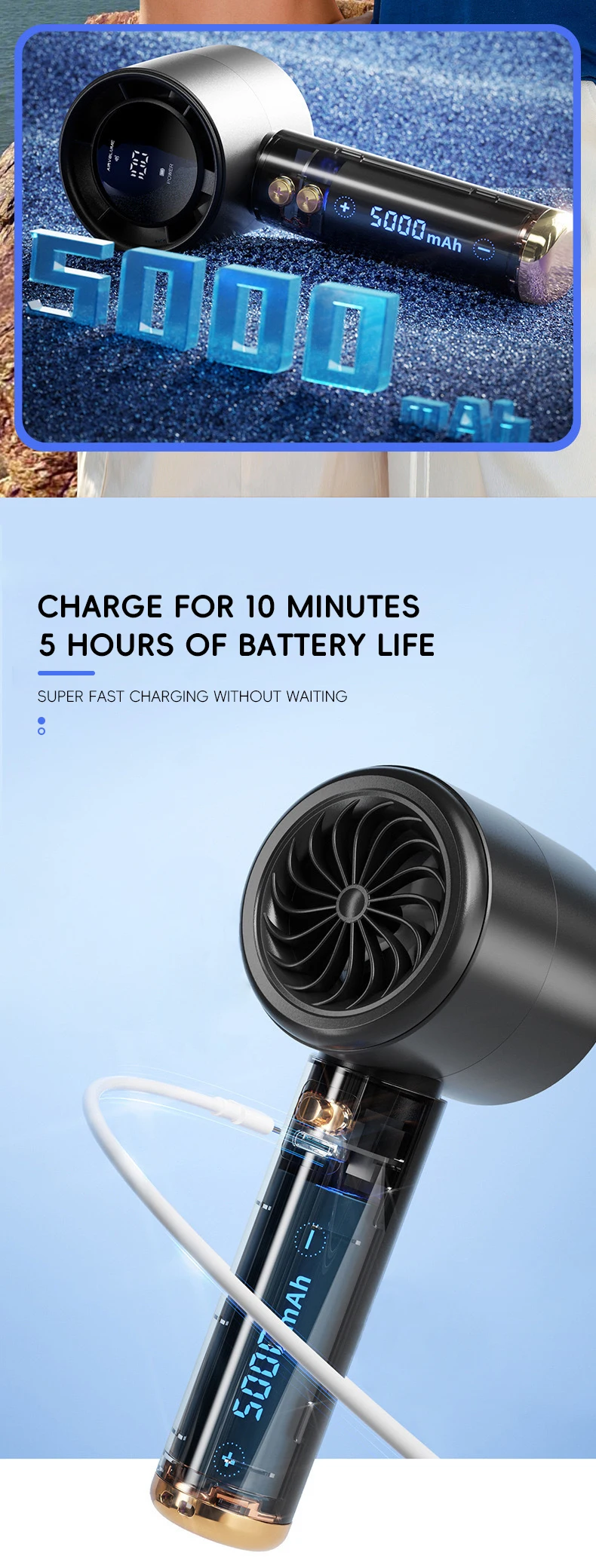 Mini-Handventilator, USB, schnelles Aufladen, tragbarer Luftrechner-Ventilator, stummgeschalteter Hochgeschwindigkeitsventilator für Reisen, Outdoor-Aktivitäten – Detail 7