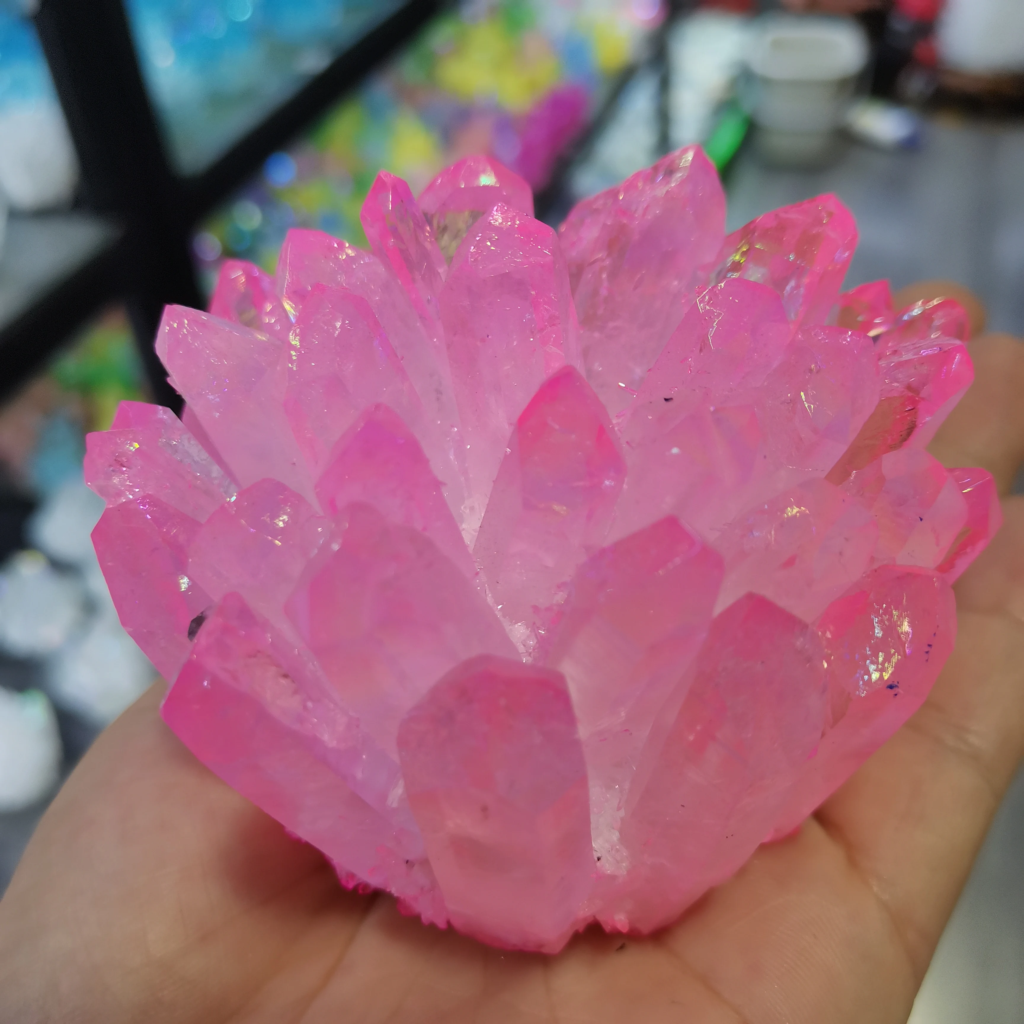 

Natural pink Angel Halo Crystal Cluster Specimen Original Rock Yinghua Reiki Stone Gift Modern Home Decoration