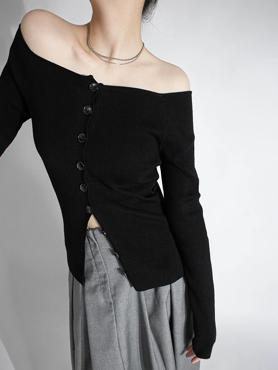 

Элегантный облегающий вязаный топ на одно плечо с длинным рукавом для женщин, винтажный, на пуговицах, черный, в уличном стиле, повседневная одежда