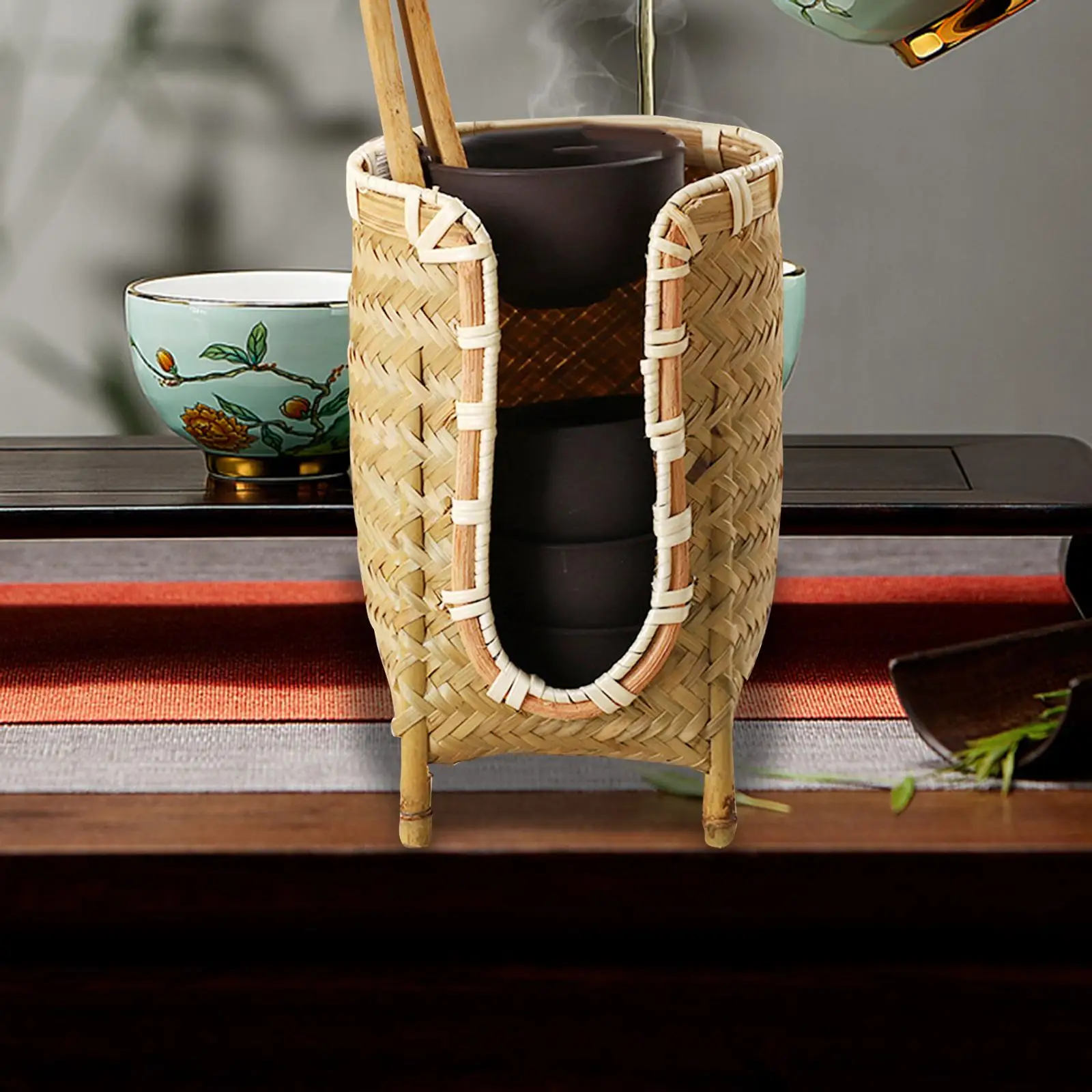 Round Bamboo Woven Cup Holder Storage Dispenser for Bathroom Vanity Countertop Tea Cup Rinsing Organizer with Natural Wood Tone