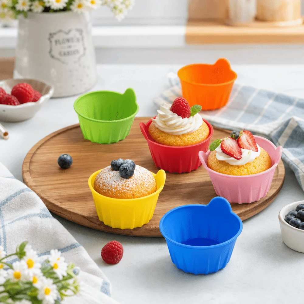 4Pcs Double-Eared High-Temperature Resistant Silicone Baking Molds Easy-To-Clean Reusable Cake Mold Non-Stick Cake Cup Kids