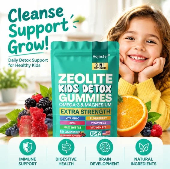 Aojnster Zeolite Kids Detox Gummies,9‑in‑1 Omega‑3 Magnesium Multivitamin, Mixed Berry Flavor,60 Gummies