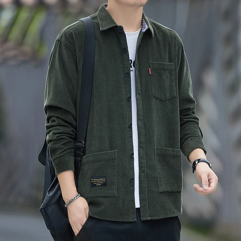 Pop New Men's Shirt Versatile Corduroy Long-Sleeve Shirt Men's 100% Cotton Workwear Jacket Fashionable Urban Loose Fit