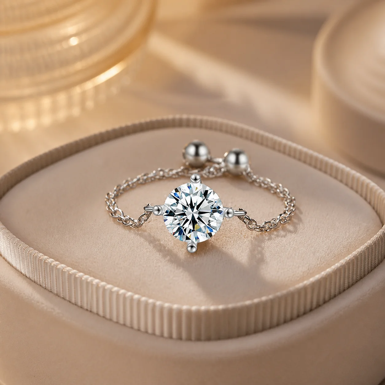 Sterling Silver Adjustable Mermaid-Inspired Ring Featuring Brilliant Round Moissanite Gemstone Set in Geometric Light Luxury Des