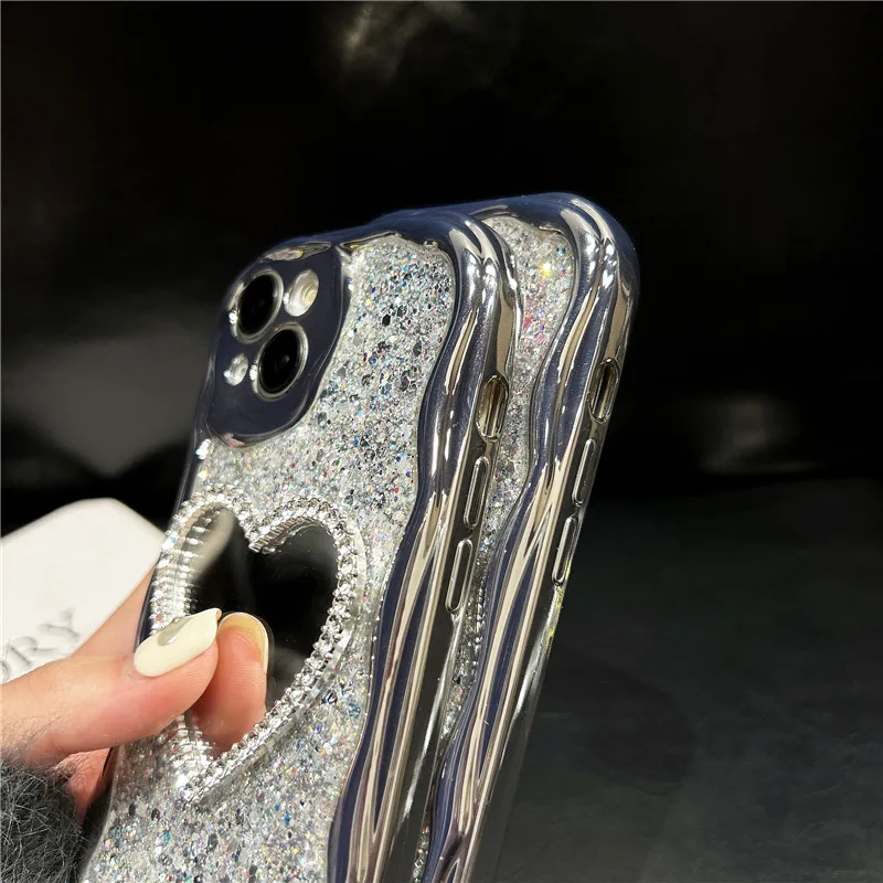 Lovebay Glitter 3D Love Heart Mirror Cream Grain Edge Phone Case For iPhone 15 14 13 12 11 Pro Max XS XR Electroplate Soft Cover